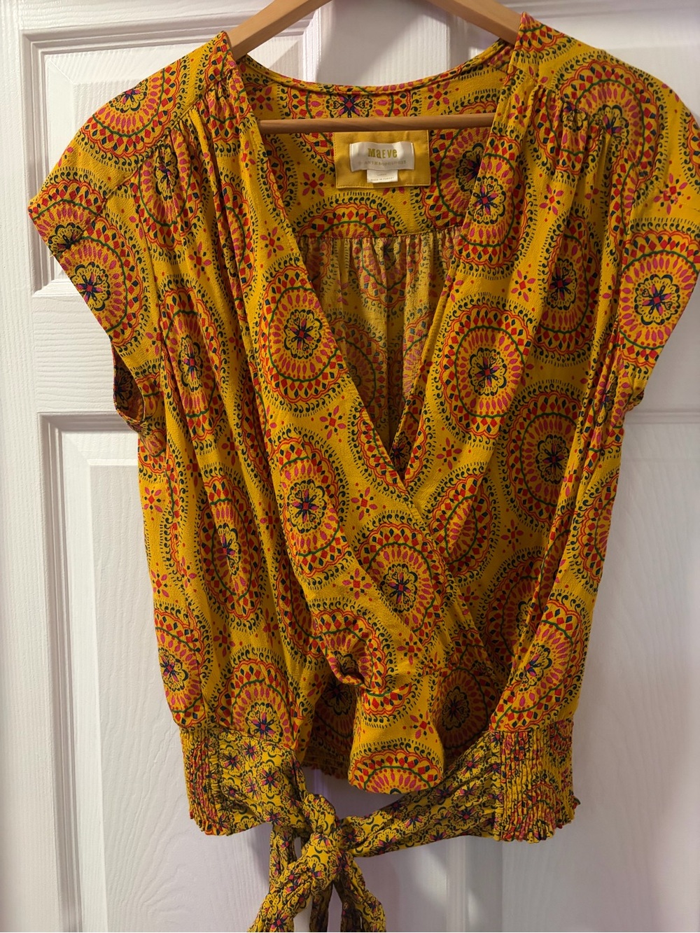 Maeve Anthropologie Mustard Yellow Printed Tie-Front Crop Top